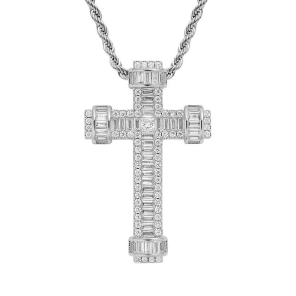 ICETOPLUXE elegant white iced out scepter cross necklace presented on white background, stylish for all occasions