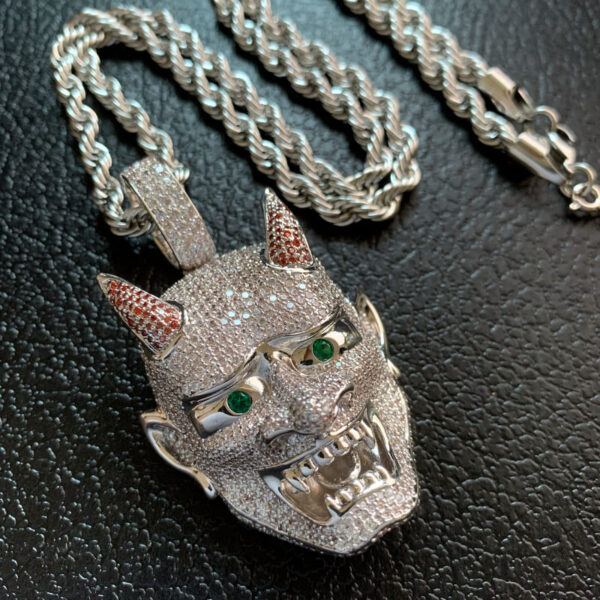 ICETOPLUXE white Yaksha ghost pendant necklace, CZ diamonds, unique hip hop jewelry for men