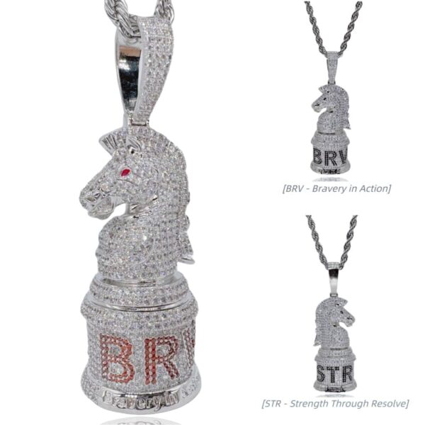 ICETOPLUXE white gold chess knight pendant, front and back views with CZ diamonds, men's hip hop jewelry