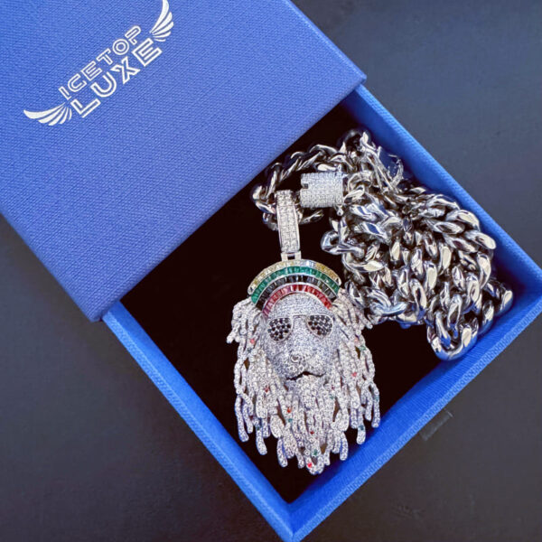 ICETOPLUXE white Lion head pendant with 10mm Glossy Cuban chain, placed in display box, perfect for gifting