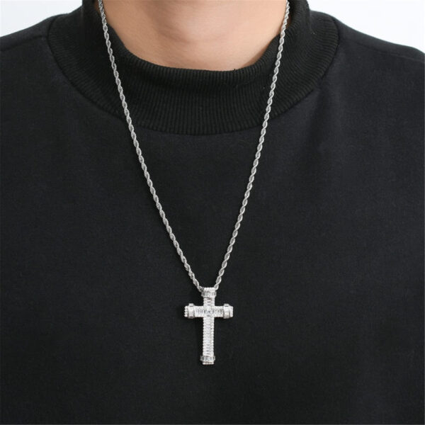 ICETOPLUXE white scepter cross necklace showcased on model, highlighting its stylish design in hip hop fashion