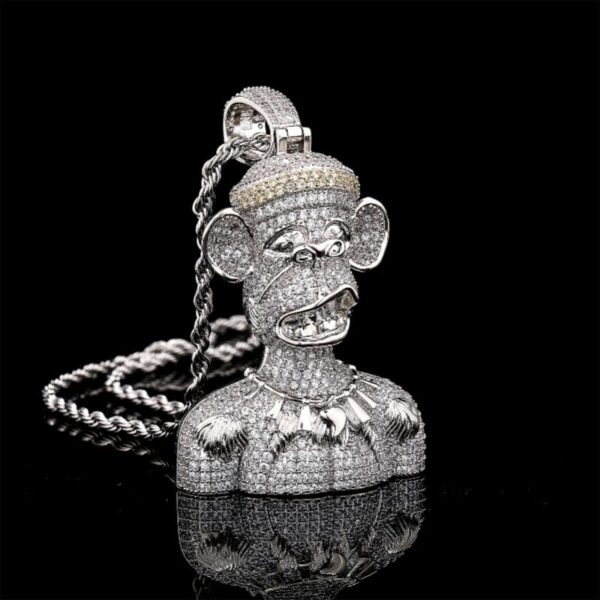 ICETOPLUXE front view of white CZ diamond big monkey pendant with 24-inch rope chain, hip hop necklace for men