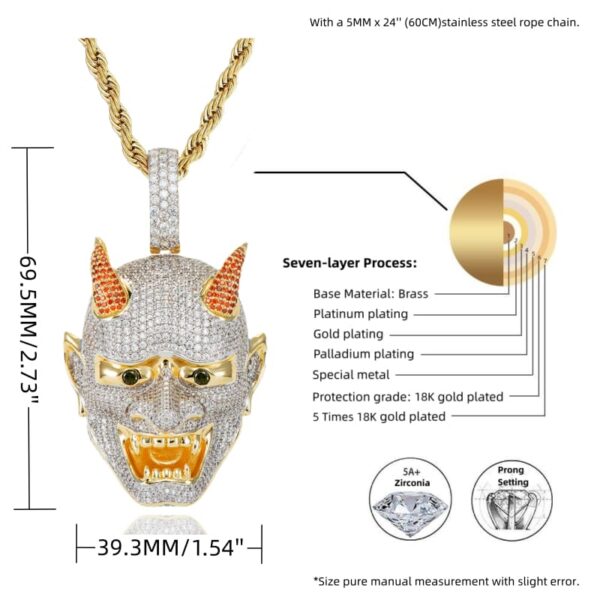 ICETOPLUXE Yaksha ghost pendant size chart, 18K gold plated full CZ diamond iced out hip hop necklace