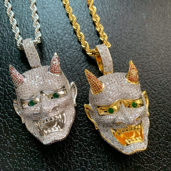 ICETOPLUXE gold and white Yaksha ghost pendant set, iced out with CZ diamonds, hip hop jewelry for men