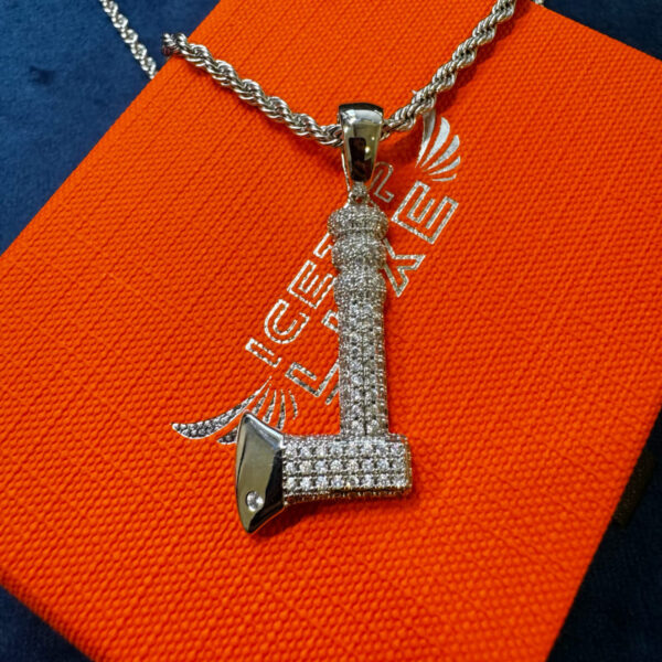 Iced out silver axe pendant necklace with cubic zirconia, 20-inch rope chain, hip hop style for men