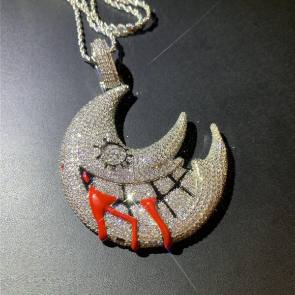 White gold crescent moon pendant, iced out CZ diamonds, gothic hip hop jewelry for men