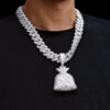 Silver money bag pendant necklace on model with Miami Cuban chain, perfect for hip hop fashion