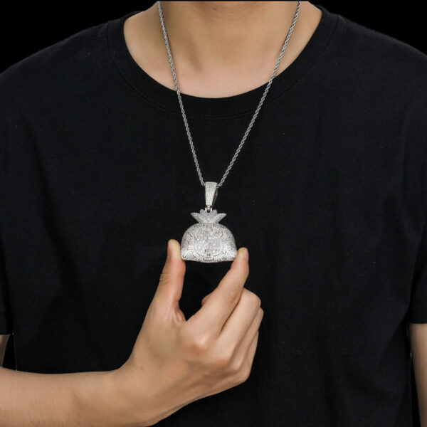 Model wearing silver money bag pendant necklace with 24-inch rope chain, hip hop jewelry for men