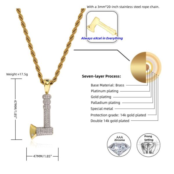 Size details of gold-plated axe pendant necklace with cubic zirconia, hip hop style jewelry for men