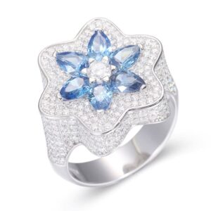 Sterling silver Klein blue moissanite flower ring, perfect iced out rapper ring for men and women