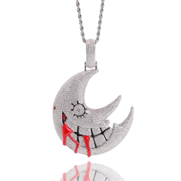 White gold crescent moon pendant necklace, iced out CZ diamonds, hip hop jewelry for men