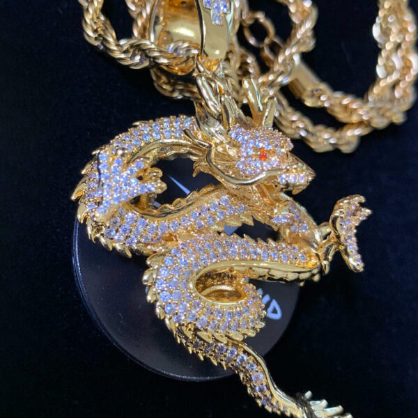ICETOPLUXE 18K gold plated Shenlong pendant, side view, luxury iced out hip hop jewelry for men.