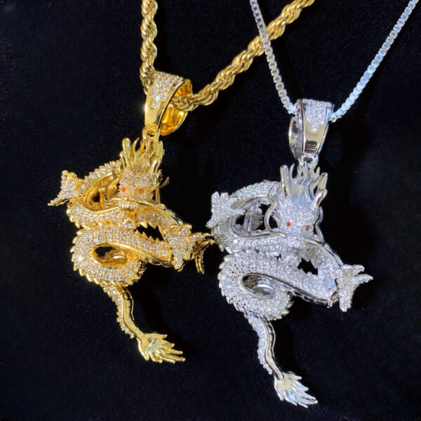 ICETOPLUXE gold and silver Imperial Shenlong pendants, Oriental dragon iced out hip hop jewelry for men.