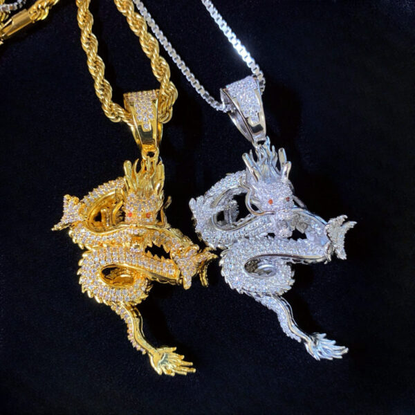 ICETOPLUXE gold and silver Shenlong dragon pendants, luxury iced out hip hop jewelry for men, Oriental style.