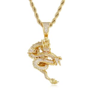 ICETOPLUXE gold-plated Imperial Shenlong pendant necklace, Oriental dragon iced out hip hop jewelry for men.