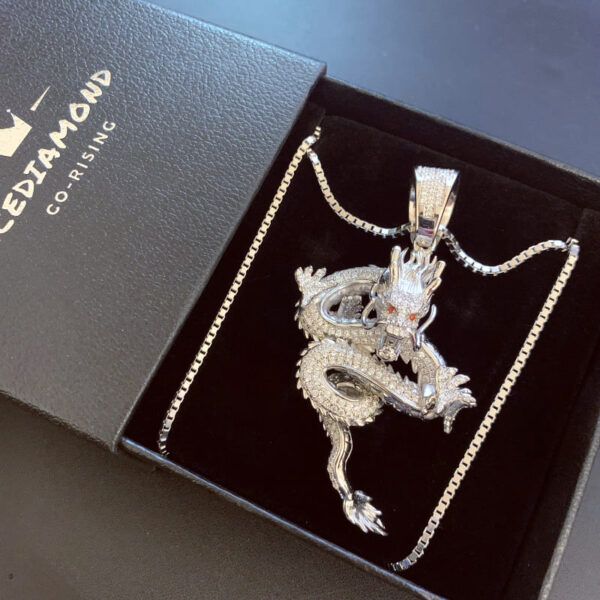 ICETOPLUXE S925 silver Shenlong dragon pendant displayed in gift box, showcasing luxury hip hop jewelry for men.