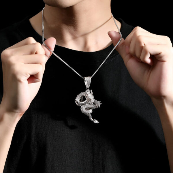 ICETOPLUXE S925 sterling silver Shenlong dragon pendant on model, a bold choice for hip hop jewelry and statement necklaces.