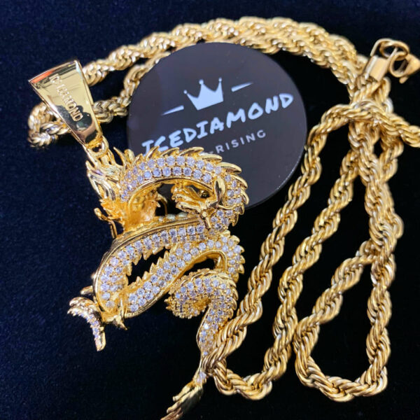 ICETOPLUXE and ICEDIAMOND collab Shenlong pendant, back view, gold-plated iced out hip hop jewelry.