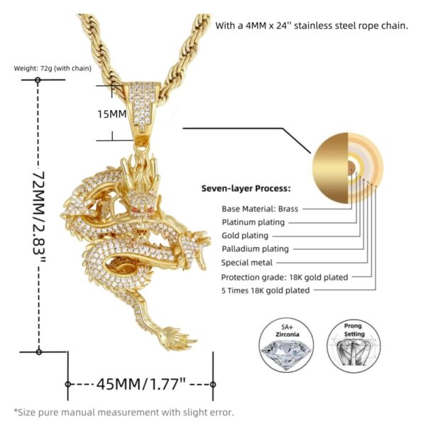 ICETOPLUXE 18K gold Shenlong dragon pendant necklace, size chart, luxury hip hop jewelry for men.