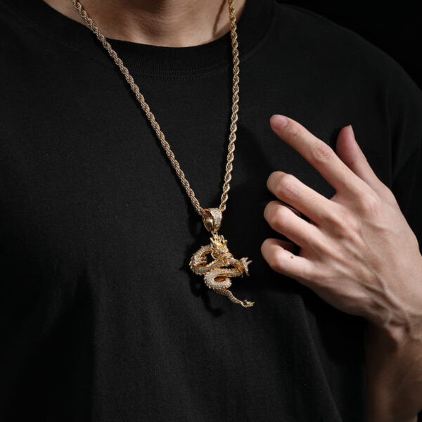 ICETOPLUXE gold Imperial Shenlong pendant, worn as statement hip hop necklace for men.