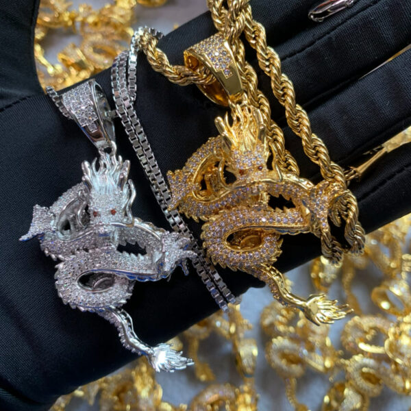 ICETOPLUXE gold and silver Shenlong pendants, held together, luxury hip hop jewelry for men.