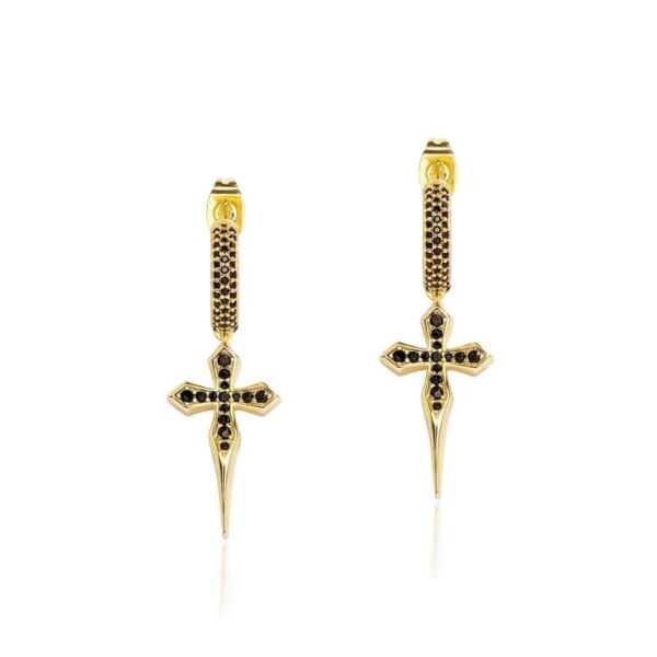 ICETOPLUXE 18K gold-plated S925 sterling silver sword cross earrings, featuring black zircon stones for a modern, edgy look.