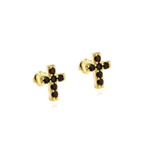 ICETOPLUXE 18K gold-plated cross stud earrings with black zircon stones, offering timeless elegance for men’s hip hop jewelry.