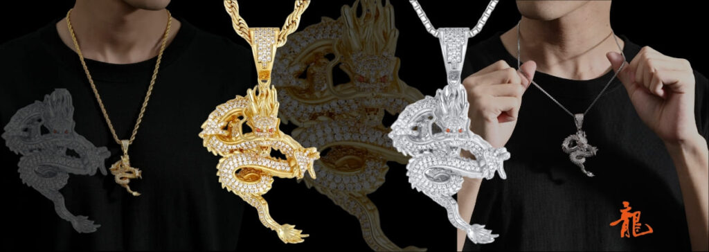 ICETOPLUXE 3D dragon pendant, custom hip hop jewelry for men, featuring iced-out design in 18K gold-plated and S925 sterling silver.