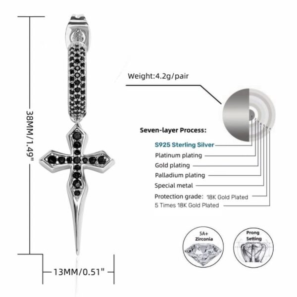 ICETOPLUXE size guide for sword cross earrings, gold-plated and S925 sterling silver, perfect for men’s fashion jewelry.