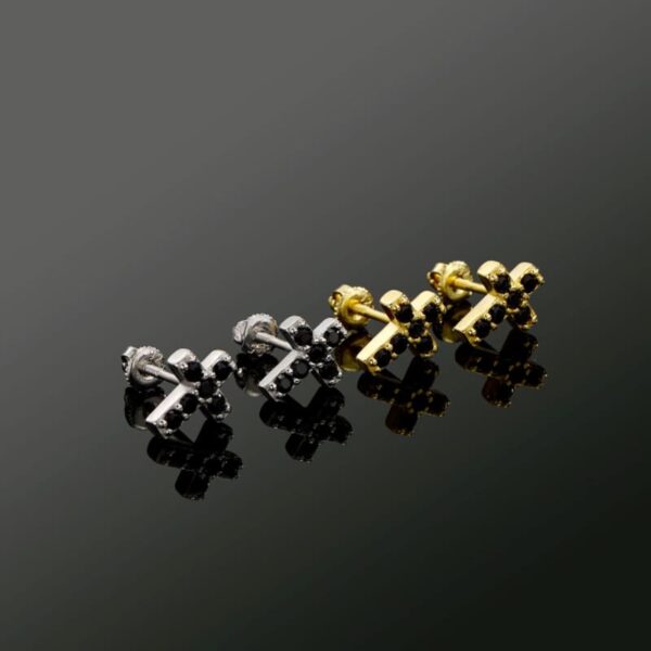 ICETOPLUXE gold and silver cross stud earrings with black zircon, a perfect accessory for men’s hip hop style.