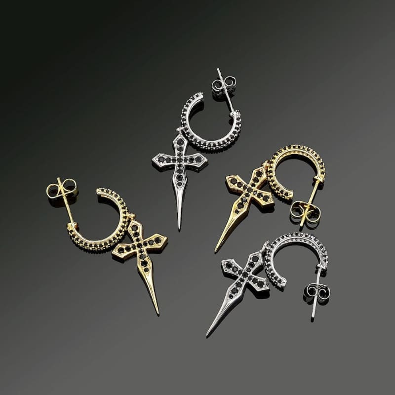 ICETOPLUXE gold and silver sword cross earrings with black zircon stones, bold and edgy hip hop earrings for men.