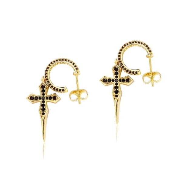 ICETOPLUXE gold-plated sword cross earrings with black zircon stones, bold accessory for hip hop and urban jewelry lovers.