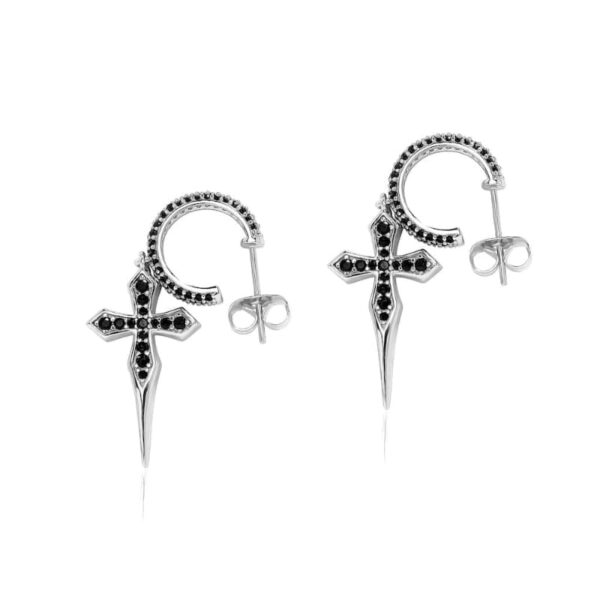 ICETOPLUXE S925 sterling silver sword cross earrings with black zircon stones, ideal for men’s hip hop jewelry collections.