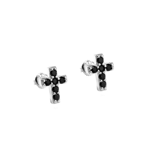 ICETOPLUXE S925 silver cross stud earrings with black zircon stones, perfect for men’s hip hop jewelry collection.