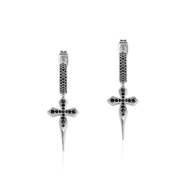 ICETOPLUXE S925 silver sword cross earrings with black zircon stones, perfect for edgy hip hop fashion and modern style.