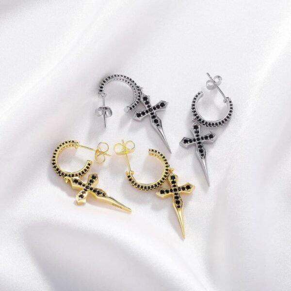 ICETOPLUXE sword cross earrings with black zircon stones, gold and silver options for a modern, edgy look in men’s hip hop jewelry.